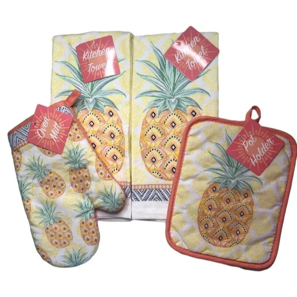 Welcome Pineapple Kitchen Dish Towel Oven Mitt Potholder Set of 4 Summer Beach